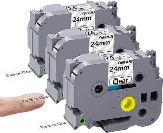 Hehua TZ151 3PK Compatible for Brother 24mm Label Maker Tape Black on Clear | 1 inch;1';1';1 inch;TZe 151;Black on Clear；24mm Label
