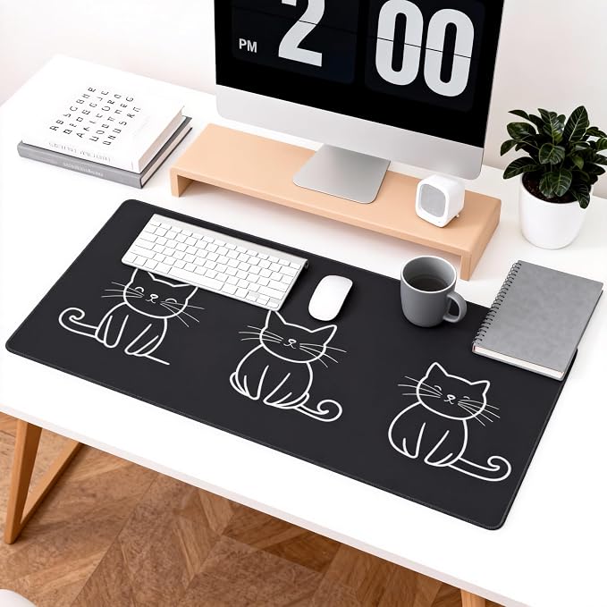 Cute Anime Black Cat Gaming Mouse Pad, Black White Minimalist Desk Mat with Anti-Slip Base & Stitched Edges, Office Supplies & Desk Decor for Women, 35.4" x 15.7" in Home Office Essentials