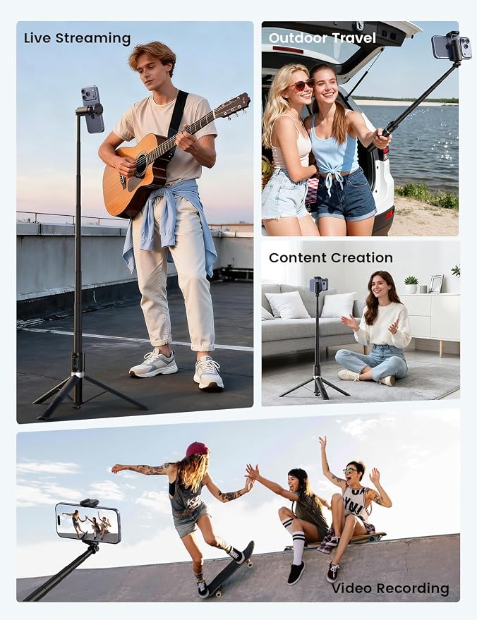 Lamicall 65" Tripod for iPhone 0.77lb Selfie Stick with Remote & Cold Shoe | Auto Open Phone Tripod Ultra-Stable Phone Stand for Recording for Travel Live Stream Vlog fit iPhone 17 Pro Max Android-Black