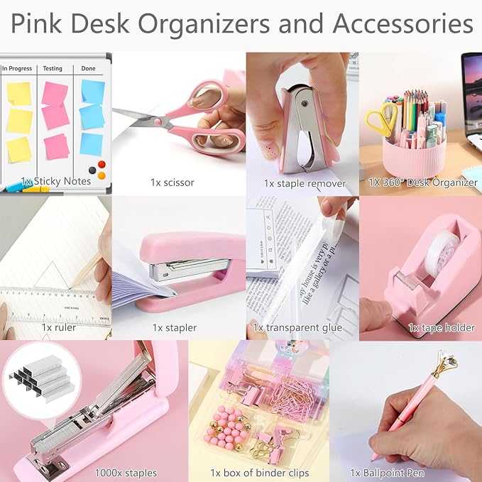 Office Supplies,School Supplies,White Desk Accessories,Desk Organizer,Scissors,Stapler,Tape Dispenser,Binder Clips,Staples,Staple Remover,Sticky Notes,Clear Tape,Pen,Ruler,Best Gift,11pcs