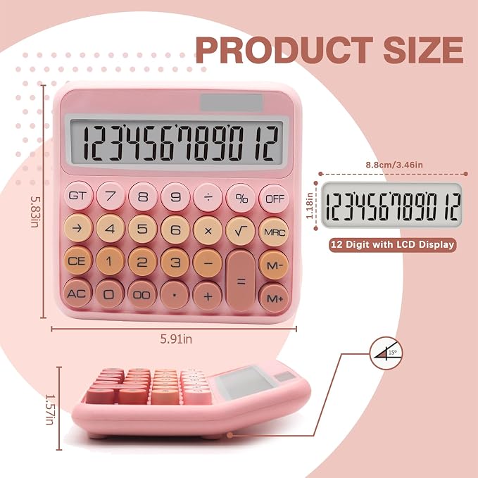 Pink Brown Calculator, Big Button Calculator with Large LCD Display | Pink Calculator for Desk , Solar Calculator Powered by 2 Modes, Pink Desk Accessories