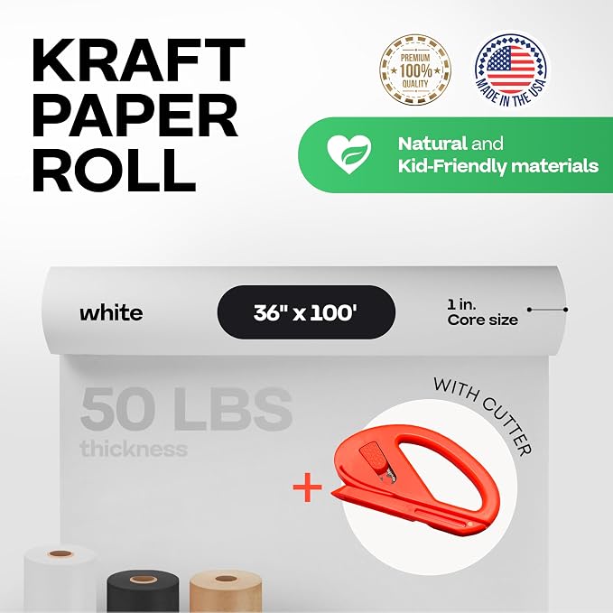White Kraft Paper Roll 36" x 1200" (100 feet) with Cutter - USA-Made | Quality Paper 50lb Thickness for Wrapping, Packing, Moving, Shipping, & Crafts/Arts - Natural Kraft Material by IDL Packaging