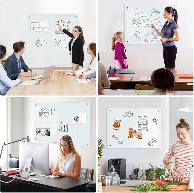 Magnetic Glass Whiteboard, 6' x 4', Frameless Wall Mount, Normal White | 72" x 48", Large Glass Dry Erase Board for Wall, Includes 1 Marker Tray, 10 Magnets, White Board for Office, Home, Classroom