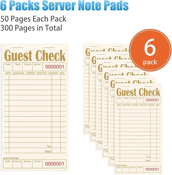 Guest Checks Books for Servers, Server Note Pads, 6 Pack, Natural Color Paper, Waitress Notepad for Restaurants, Waitress Accessories, 300 Sheets, Coffee
