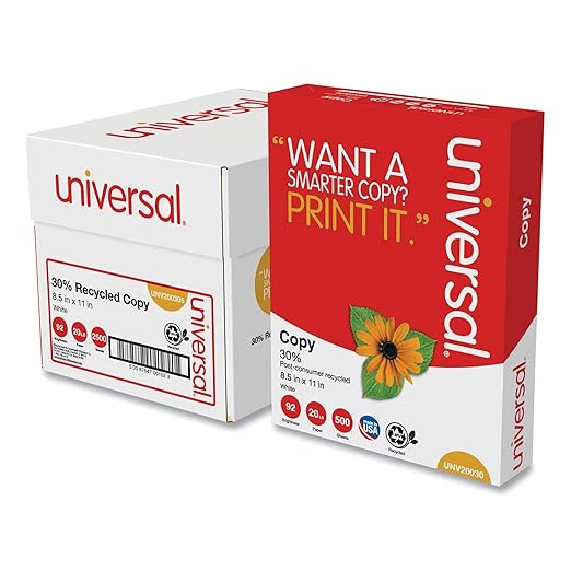 Universal 30% Recycled Copy Paper, 92 Bright, 20 lb Bond Weight, 8.5 x 11, White, 500 Sheets/Ream, 5 Reams/Carton