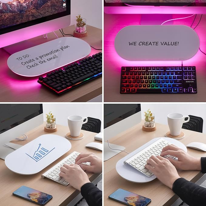 Glass Desktop Whiteboard - 17 X 7 Inches Small Dry Erase Board with Pink Light, Glass White Board Surface Notepad with 1 Drawer, Desk Organizers for Office, Home, School Supplies