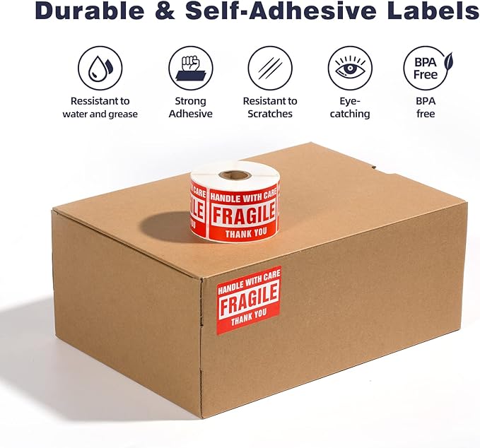 3 x 2 Inch Handle with Care Fragile Stickers for Shipping Moving Glass 1000 Permanent Adhesive Fragile Labels-2 Rolls
