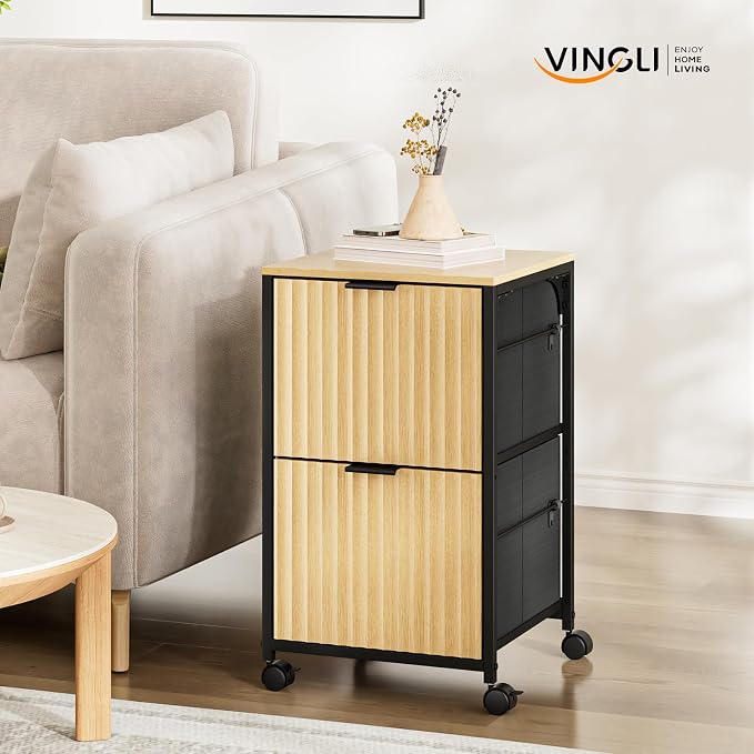 VINGLI 2 Drawer Mobile File Cabinet, Rolling Fluted Filing Cabinet Under Desk File Cabinet with Wheels, Fabric Drawers Printer Stand for Home Office, Fits Letter Size, Oak