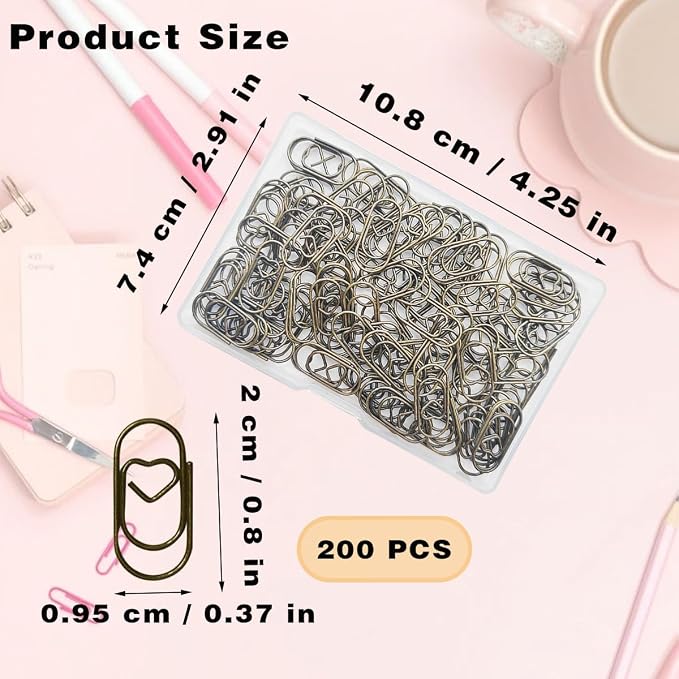 200 Pack Love Heart Shaped Paper Clips, Mini Paperclips Papers | Mini paperclips paper, 0.8inch Small Paper Clips for Office School Home Desk Organizers(Bronze)