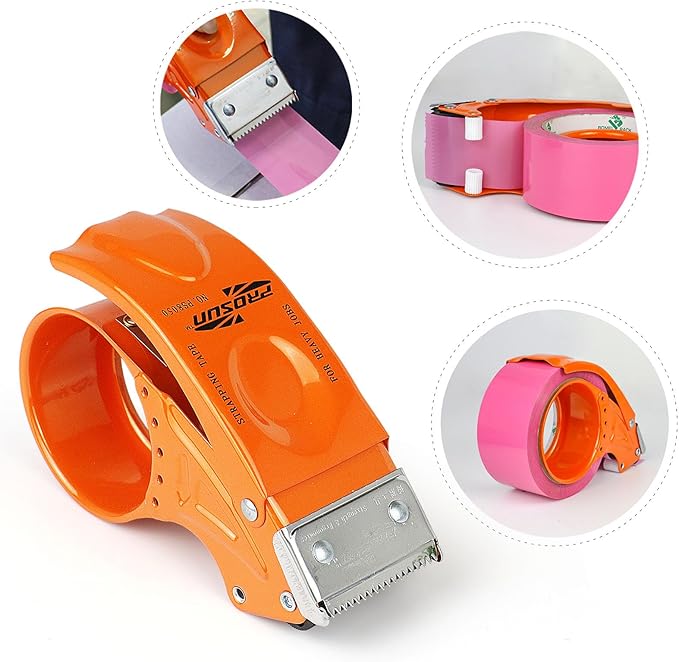 BOMEI PACK Metal Packing Tape Dispenser, 2inch Heavy Duty Handheld Heavy Duty Tape Holder, 2Pcs, Orange + Blue