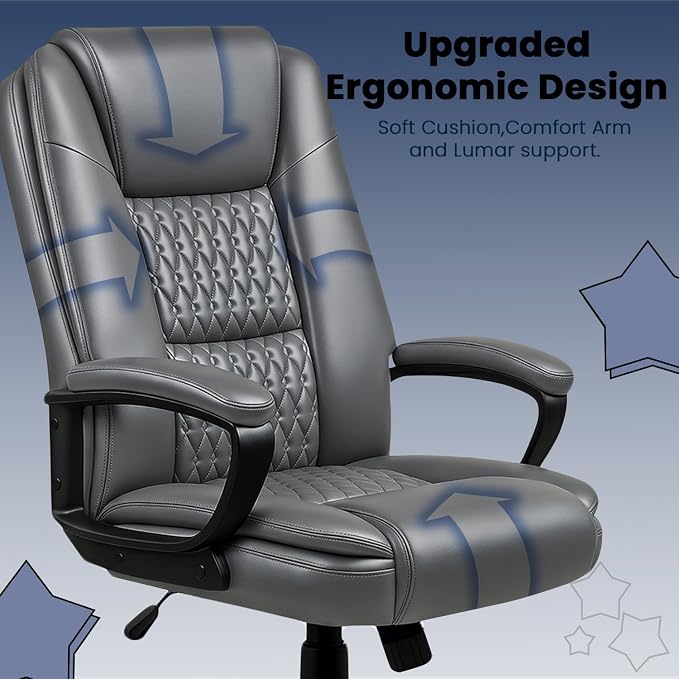 Leather Office Desk Chair,Ergonomic Office Chair with Lumbar Support,Computer Chair,Executive Leather Chair with Padded Flip-up Arm,Adjustable Armrests, Black,275LBS