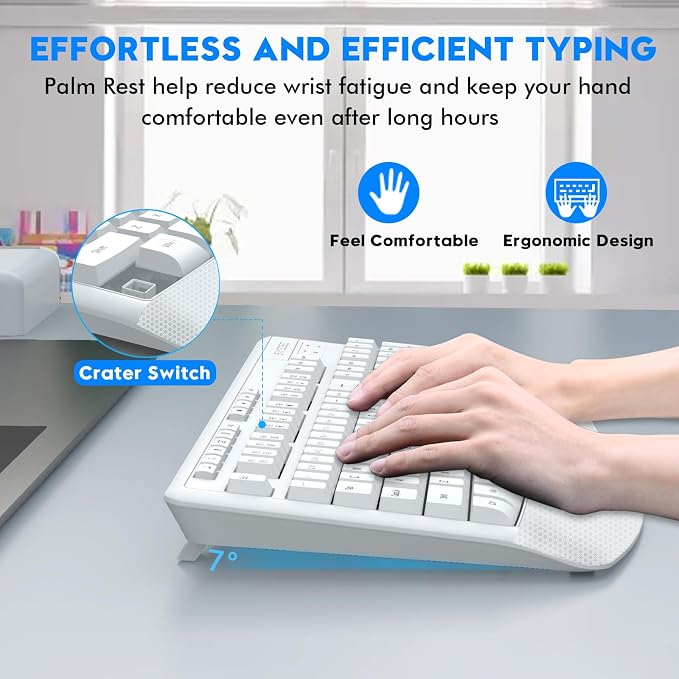 Wireless Keyboard and Mouse Combo, Full Size Ergonomic with Wrist Rest | 2.4GHz USB Receiver, 3 DPI Adjustable 6-Button Cordless Mouse for Computer, Laptop, PC, Windows
