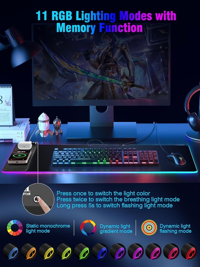 Mouse Pad with Magnetic Wireless Charging, Large Desk Pad Protector, RGB Black Desk Mat with 15W Fast Charger, Non-Slip Waterproof Mousepad for Office Home Gaming