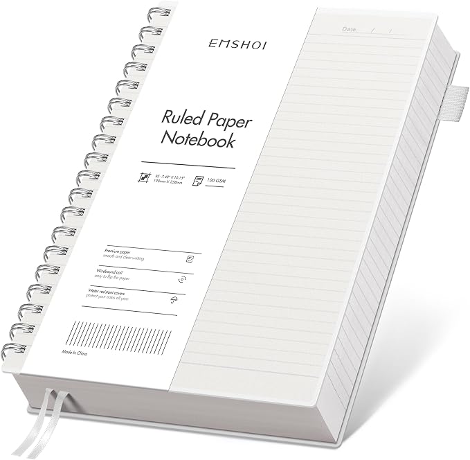 EMSHOI Lined Spiral Journal Notebook, 300 Pages, B5 Size (7.4'' x 10.1'') | College Ruled, 100 GSM Thick Paper, Flexible Plastic Cover, for School, Writing, Work, Office & Journaling (Transparent)