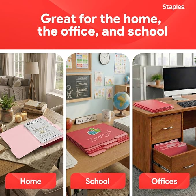 Staples File Folders, Letter Size, 1/3-Cut Tabs, Red, 100/Pack | Durable 10.5-point paper stock for everyday office document filing.