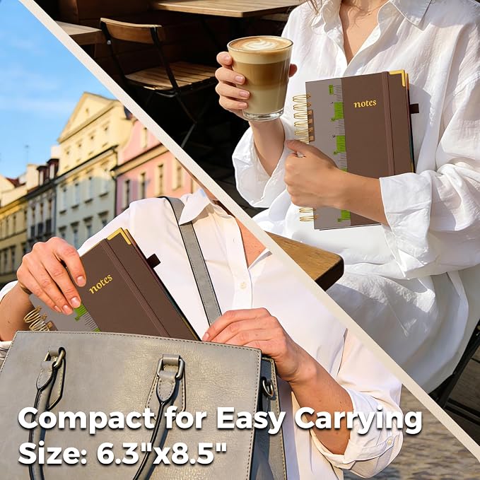 XYark A5 Hardcover Spiral Notebook, 6.3"x8.5" College Ruled Notebooks with Removable Dividers Tabs & Ruler, 5 Subject Notebook 300 Pages, Small Lined Journal for Women Men School Work Office, Brown