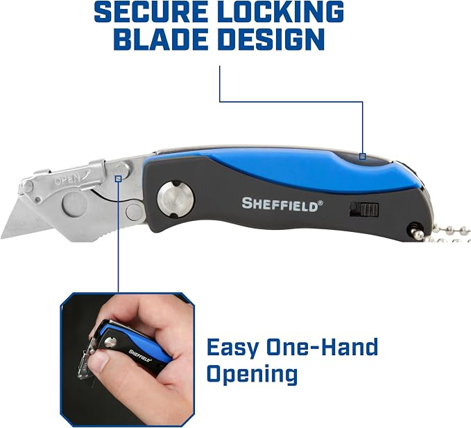 Sheffield 12125 Mini Box Cutter & 5 Blade Storage Compartment and Key Chain | Sheffield Utility Knife, Mini Utility Knife with Aluminum Handle for Home, Office, Trades, and Warehouse
