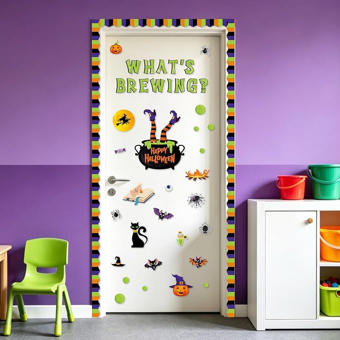 79Pcs Halloween Bulletin Board Decorations Set, What's Brewing Halloween Theme Classroom Decor, Witch Spider Bat Boo Ghost Pumpkin Paper Cutouts for School Office Door Wall Decor