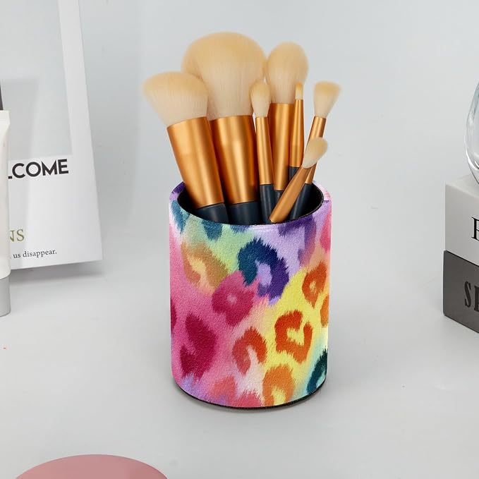 Leather Pen Holder for Desk, Colorful Leopard Print Pencil Cup Pen Organizer Makeup Brush Holder for Office Home Kids Countertop Desk Accessory Storage