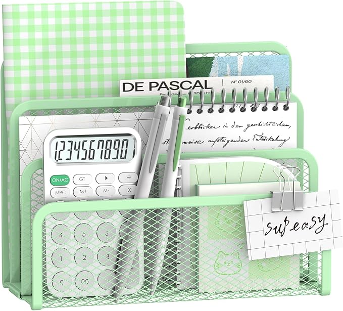 Mail Organizer for Desk, Mesh Metal Mail Holder Countertop with 3-Slot, Letter Sorter File Holder, Office Envelope Organizer for Mails (Mint Green)