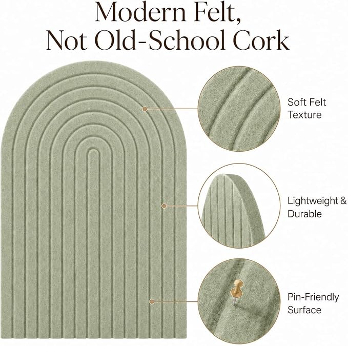 Large Arched Felt Bulletin Board, Sized 36" x 24" for Office & Wall Decor – 6 Customizable Adhesive Tiles with Pins are Perfect to Display Your Photos (Sage Green-A)