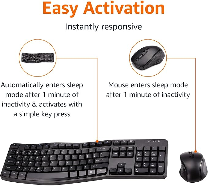 Amazon Basics Ergonomic Wireless Keyboard and Mouse Combo with Wrist Rest, Plug and Play, 2.4 GHz USB, Easy to Use, Black
