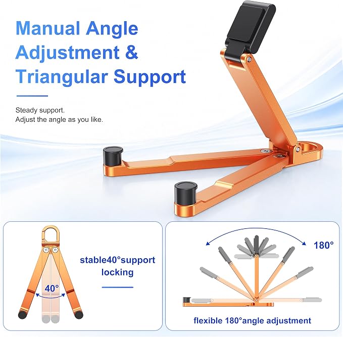 Portable Foldable Pocket Phone Stand with Keychain for Desk Travel（Orange） | Mini aluminum, adjustable kickstand, lightweight metal, slim compact for office, plane