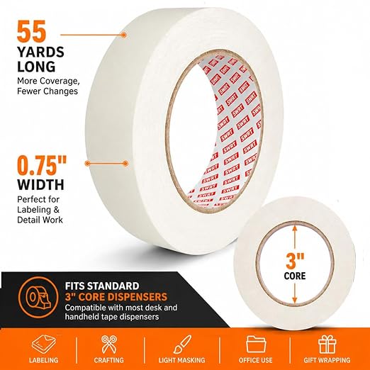 SWRT Masking Tape 0.75 Inch x 55 Yards x 10 Rolls, Bulk White Painting Tape | Clean Removal; Easy Hand Tear; Writable Surface; Painting & Crafts; Labels & Organizing; Light Packaging