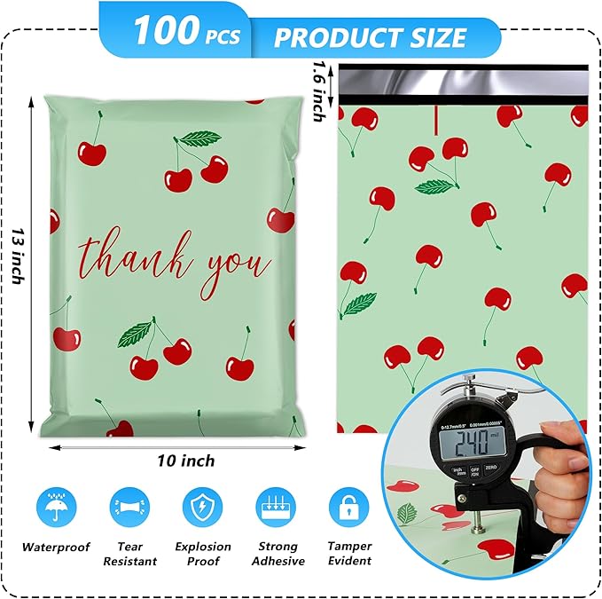 Thank You Poly Mailer 10x13 Inch 100 Pcs, Waterproof and Tear-Resistant Shipping Bags for Clothing, Strong Mailing Bags with Self-Seal, Cute Packaging Bags for Small Business - Cherry