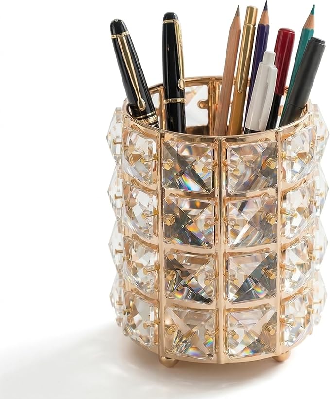 YAGELI Crystal Pen Holder for Desk, 3.58" Gold/Silver Pencil Cup | Crystal & metal base. Holds pens, pencils, makeup brushes, art supply. Easy to clean. Elegant decor for desk, vanity, office