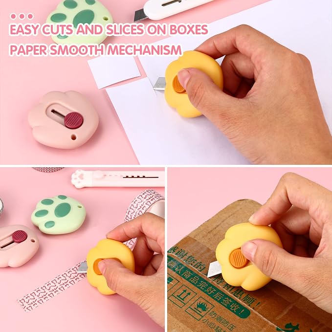 6 Pcs Cute Paw Box Cutter Kawaii Cat Retractable Letter Opener Adorable Tiny Paper Knives Mini Art Utility Knives Portable Carton Cardboard Cut with Hole Smooth Mechanism for Office Home