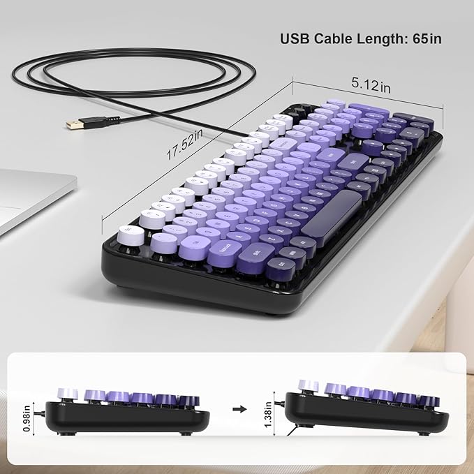 Computer Keyboard Wired, Plug and Play USB Retro Round Typewriter Keyboard, Full Size Wired Keyboard with Foldable Stands for Laptop and Office PC