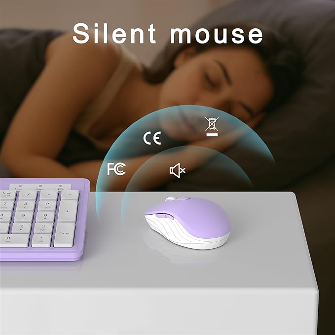 Wireless Keyboard and Mouse Combo, Full-Size 104-Key Office Keyboard with 15 Function Keys, Numeric Keypad, Single USB Receiver, Compatible with PC and Laptop(Purple White)