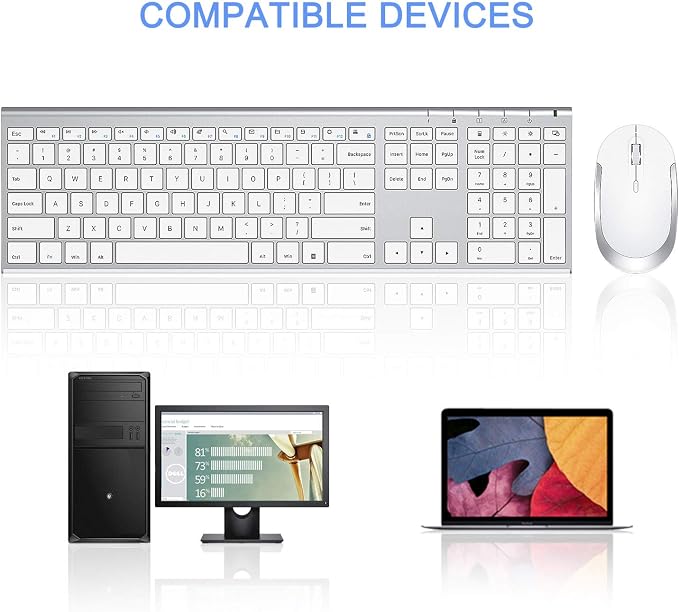 Vssoplor Wireless Keyboard and Mouse, Rechargeable Ultra Slim, White Silver | Quiet Full-Size Keyboard and Mouse Combo Set, for Laptop, PC, Notebook, Desktop, 2.4GHz Stable Connection, Ideal for Office