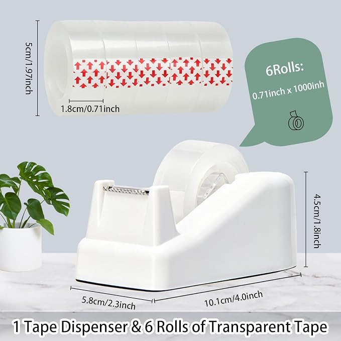 Tape Dispenser Desk,Desktop Tape Dispenser, Tape Dispenser with Weighted Non-Skid Base, Includes 6 Rolls Transparent Tape (0.71" x 1000"),Heavy Duty Tape Holder for Office, Home, School(White)