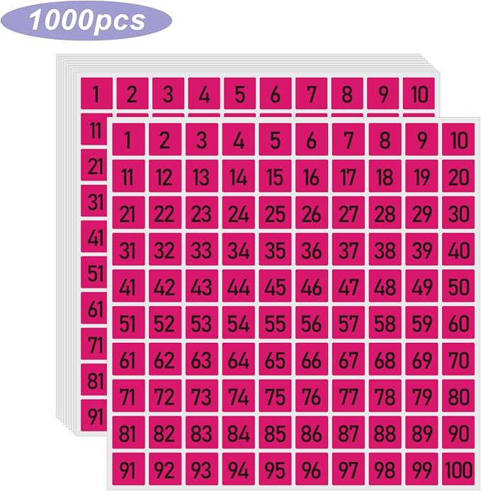 STARLIBOO 1 to 100 Consecutive Number Stickers,1 inch Square Small Number Stickers Labels for Inventory, Storage, Organizing, Boxes, Bins, Toolbox, Locker (1000 Labels, Pink)
