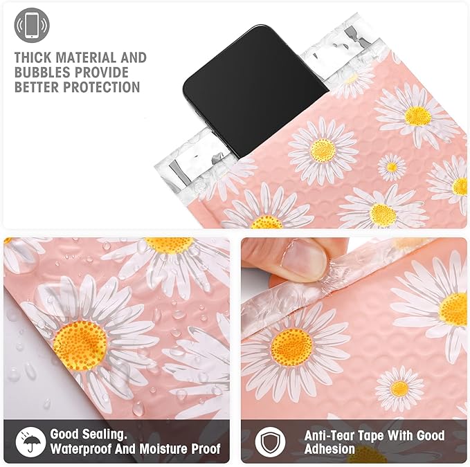 Metronic Bubble Mailers 6x10 Inch 100 Pack Pink Bubble Mailer Usable Size 6x9 Self-Seal Adhesion Padded Envelopes Pretty Padded Mailers for Jewelry, Makeup, Cards, Fancy Daisies