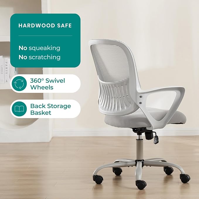 OLIXIS Home Office Chair, Mesh Desk Chair, Ergonomic Lumbar Support | Mid Back Computer Ergonomic, Height Adjustable Swivel Task, Large Seat Armrest, Adults, Grey
