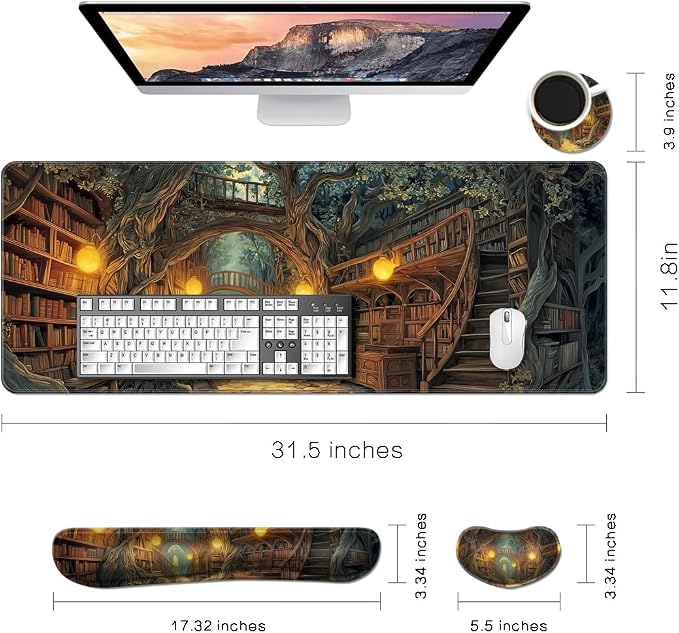 Desk Mat, Large Gaming Mouse Pad with Wrist Rest, 4 in1 XXL Mouse pad+Keyboard Wrist Rest+Mouse Pad Wrist Support+Cup Coaster Set, Ergonomic Desk Pad for Home Office, Trees Library