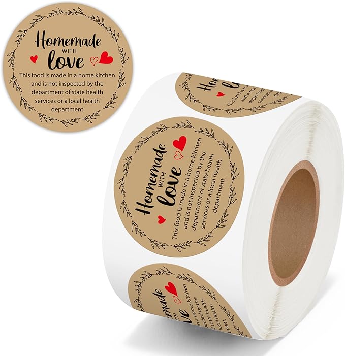 PANTIDE Cottage Food Law Labels Stickers - 500 Count Homemade with Love Adhesive Round Decal Roll, Made in A Home Kitchen Inspection Statement Thermal Printed for Food Packaging (2 x 2 Inch, Kraft)