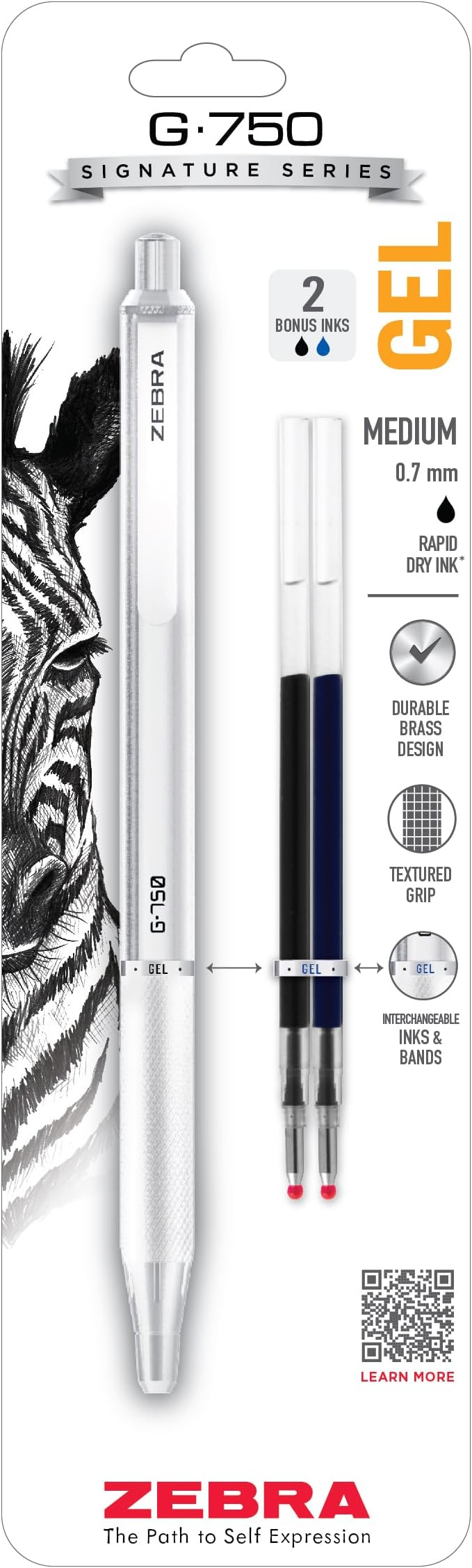 Zebra Pen G-750 Signature Series Retractable Gel Pen 1-Pack with Refills, Black Ink, 0.7mm Medium Point, Pearl White Premium and Durable Brass Barrel, Textured Grip, Rapid Dry Ink (49801)