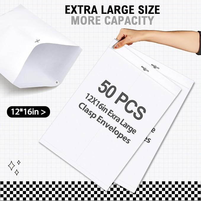 Geyee 50 Pcs 12 x 16 Inch Clasp Envelopes Letter Size Mailing Envelopes with Clasp Closure for Filing Storing Documents Office Home Business School (White)