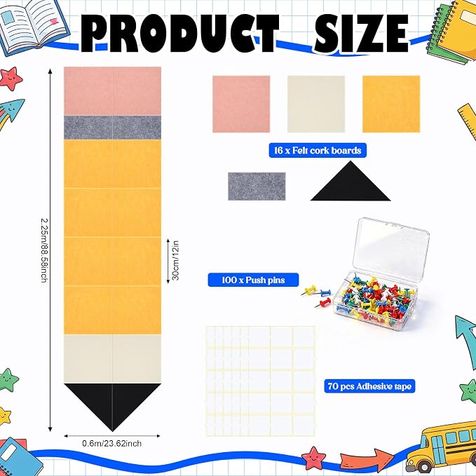 16 Pcs Giant Pencil Felt Bulletin Board Decorations Felt Self Adhesive Pencil Bulletin Board 88.6"x 23.6" with 100 Thumbtacks Wall Decor Supplies for Office Teacher Party Craft Wall Home