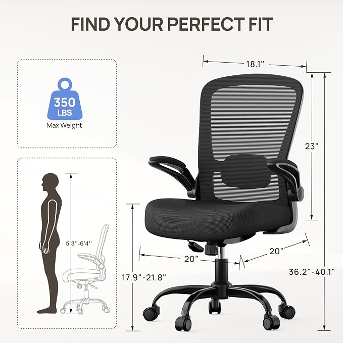 Ergonomic Office Chair w/Adjustable Lumbar, Flip Armrest, 135° Recline | Supports 300 lbs · Seat 19.48"–23.4" · Breathable mesh · 20–30 min assembly · 5-year warranty