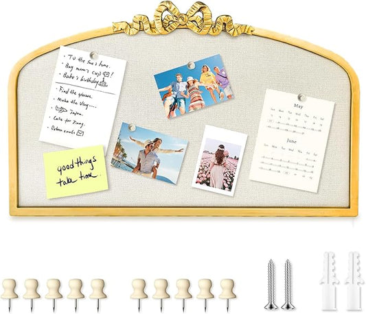 Vintage Arched Linen Cork Bulletin Board with Gold Bow – 24"x 15" Elegant Decorative Pin Board for Walls, Metal Frame Vision Board for Notes, Photos, Inspiration, Chic Home Office Decor for Women