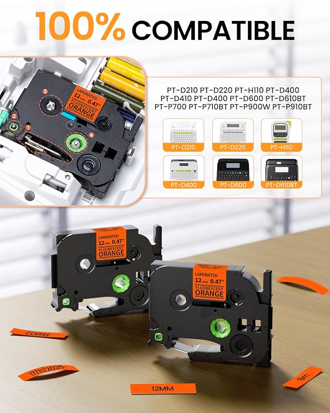 Replacement for Brother P Touch Label Tape Black on Orange TZe-B31 TZeB31 | 12mm 0.47'' Laminated TZe TZ Label Maker Tape, Compatible with Brother PT-D210 PT-D220 PT-H110 PT-D400 PT-D600, 2-Pack