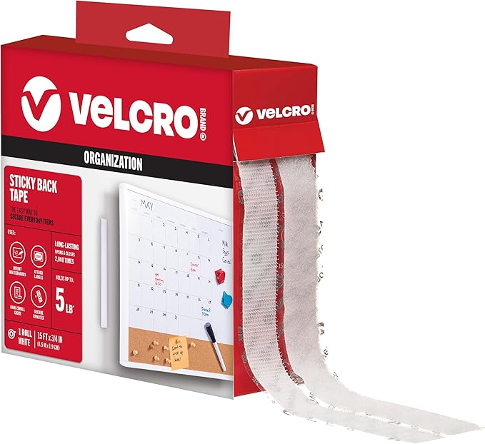 VELCRO Brand 15ft x 3/4in I White Tape Roll with Adhesive I Cut Strips to Length I Stick on Hook and Loop Fasteners to Organize Home Office or Classroom (90082)
