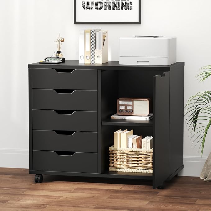 OLIXIS 5-Drawer Rolling Mobile File Cabinet Wood Printer Stand with Storage | Under Desk Storage with Locking Casters Adjustable Shelf, Wood Top 100 lbs Capacity for Home Office Organizer Compact, Black