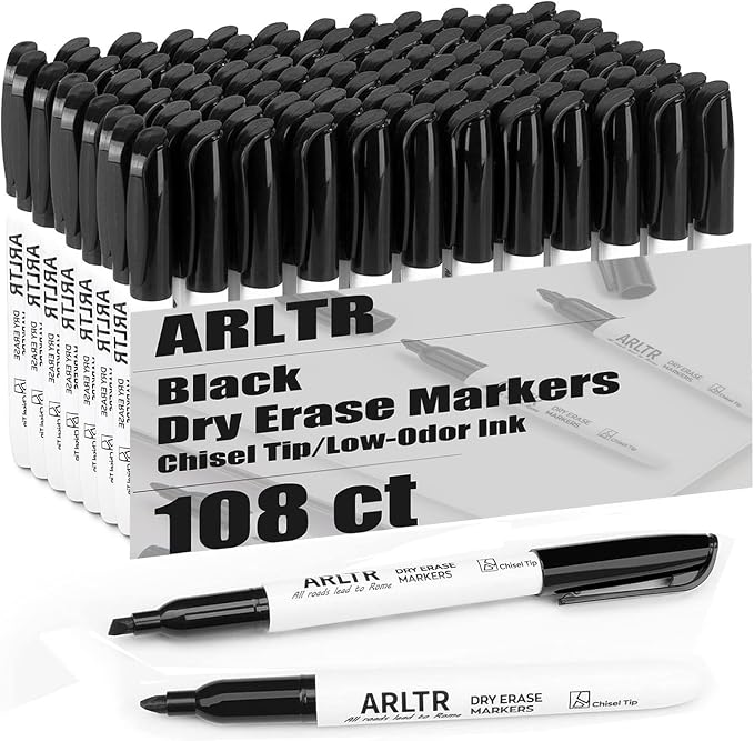 ARLTR Dry Erase Markers Bulk, 108 Count, Black, Chisel Tip | Low Odor Whiteboard Markers for Office Home