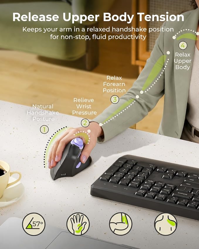 seenda MOU-302 Wireless Bluetooth Ergonomic Vertical Mouse with Volume Knob | Rechargeable 3-device mice for small/medium hands with quiet clicks, 1000/1600/2400 DPI for PC, laptop, MacBook, Black Purple